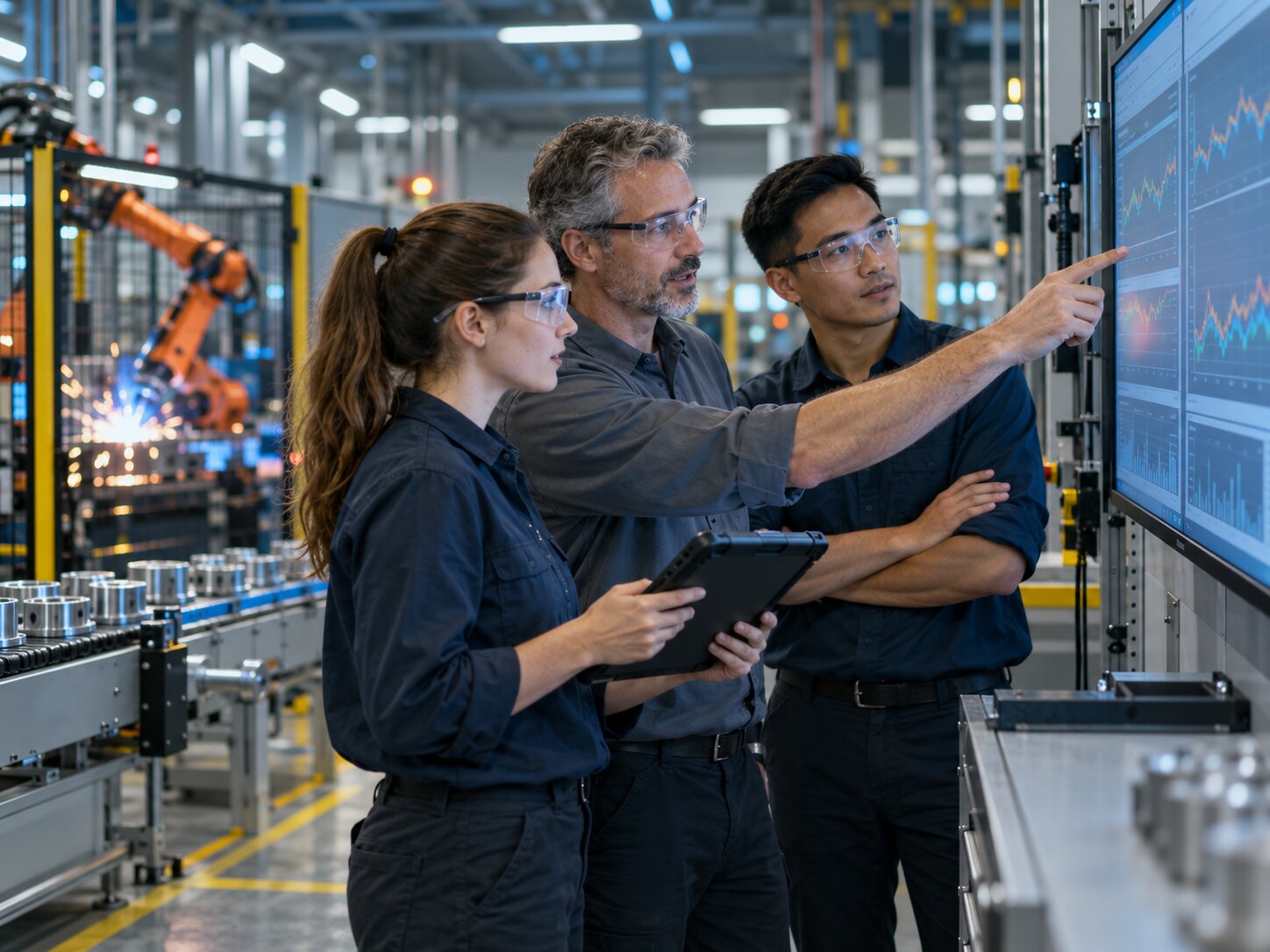 Engineers reviewing machine data together on the plant floor